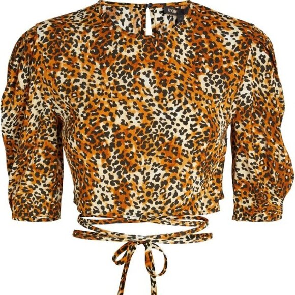 New Maje Lipard Cropped Tie Waist Crepe Leopard Print Top Size Medium US/2 FR - Picture 4 of 9
